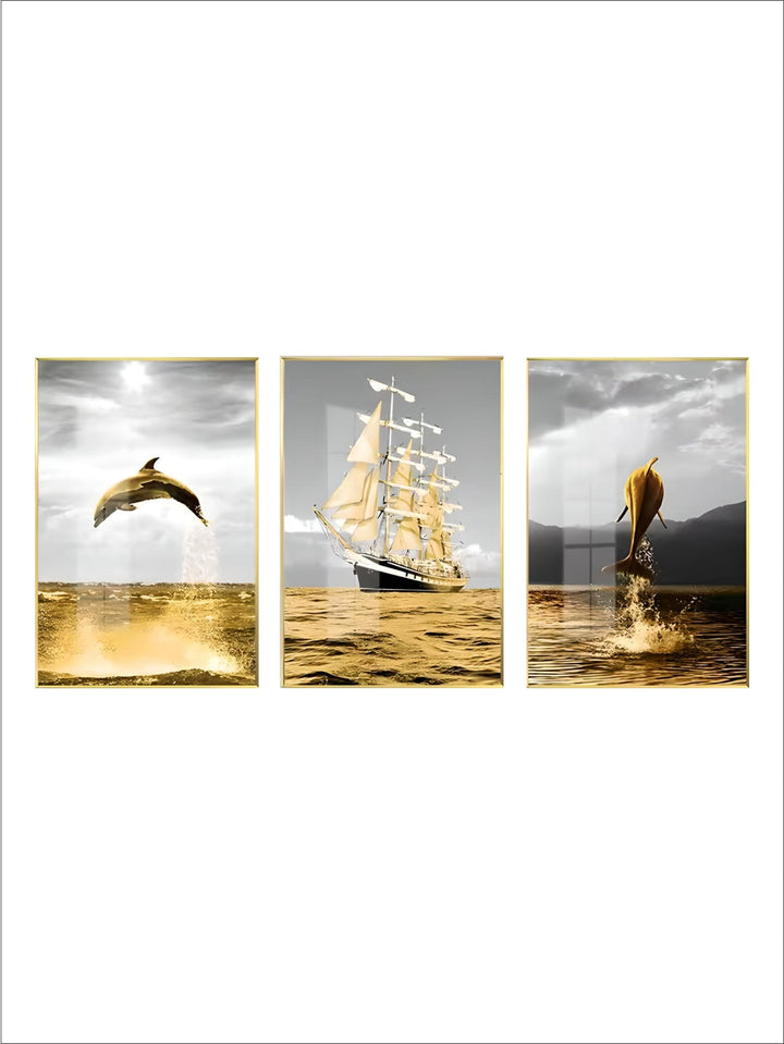  nordic dolphin Seascape 3PCS/SET framed wall art crystal porcelain sailboat painting