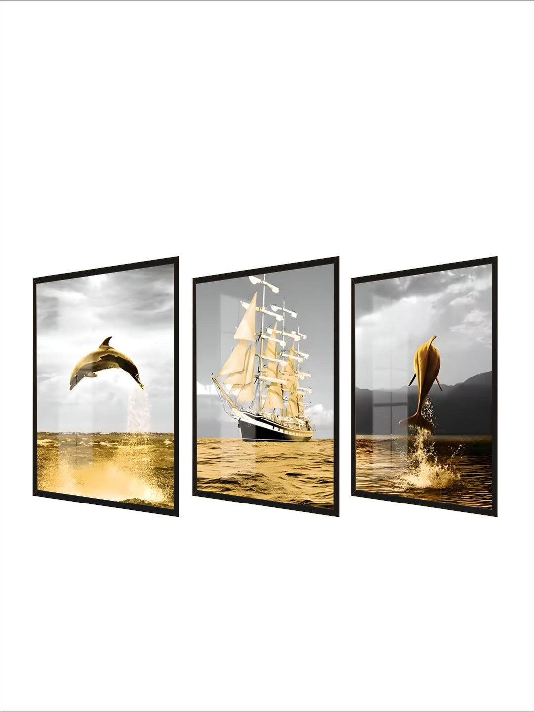 nordic dolphin Seascape 3PCS/SET framed wall art crystal porcelain sailboat painting