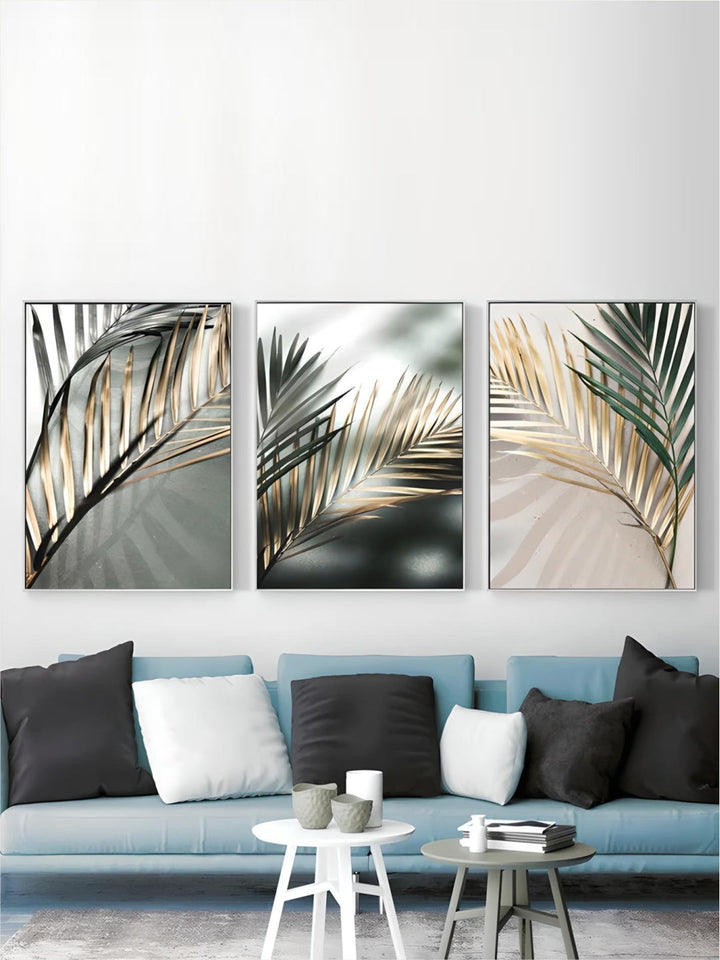 Tropical Green Golden Palm Leaves Wall Art Fine Art Canvas Prints Modern Botany Posters Pictures For Living Room Dining Room Decor
