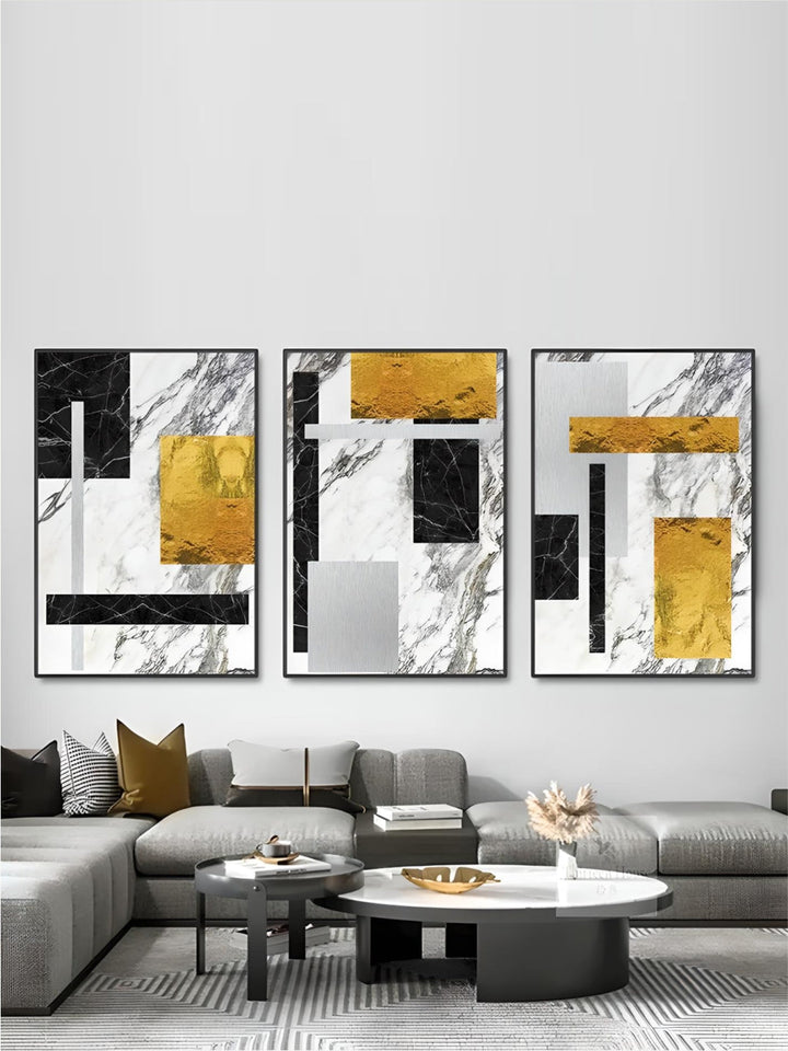 Black Golden Block Marble Abstract Wall Art Fine Art Canvas Prints Modern Geometric Pictures For Living Room Home Office Art Decor