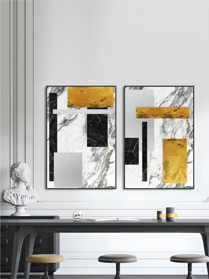 Black Golden Block Marble Abstract Wall Art Fine Art Canvas Prints Modern Geometric Pictures For Living Room Home Office Art Decor