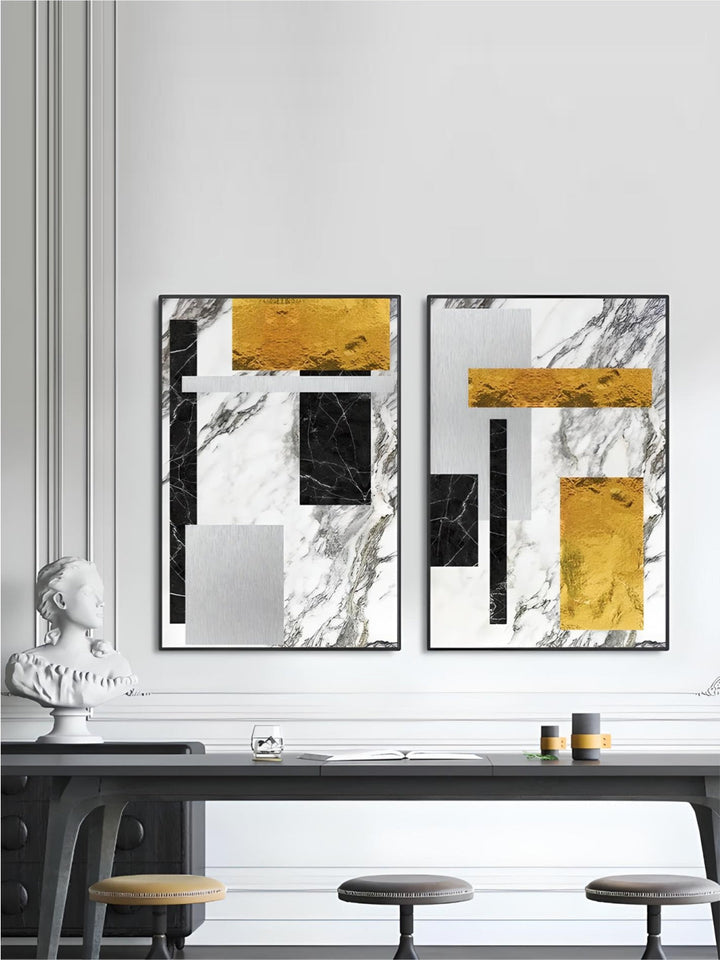 Black Golden Block Marble Abstract Wall Art Fine Art Canvas Prints Modern Geometric Pictures For Living Room Home Office Art Decor