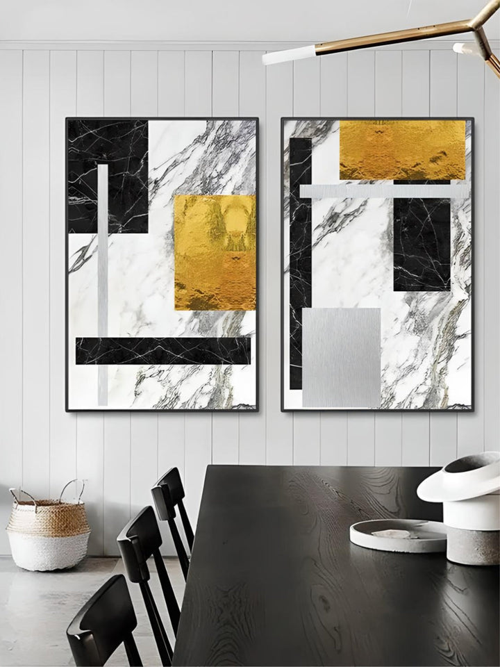 Black Golden Block Marble Abstract Wall Art Fine Art Canvas Prints Modern Geometric Pictures For Living Room Home Office Art Decor