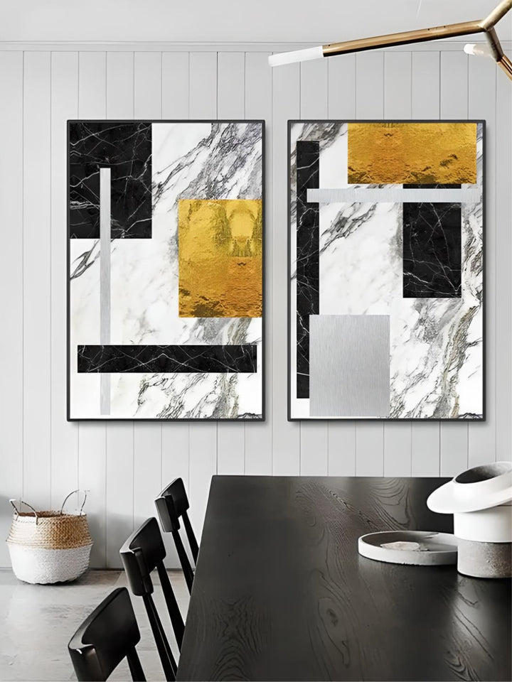 Black Golden Block Marble Abstract Wall Art Fine Art Canvas Prints Modern Geometric Pictures For Living Room Home Office Art Decor