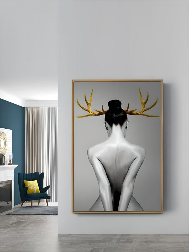 Black White Golden Antlered Girl Poster Wall Art Fine Art Canvas Prints Nordic Picture For Living Room Bedroom Studio Home Office Decor