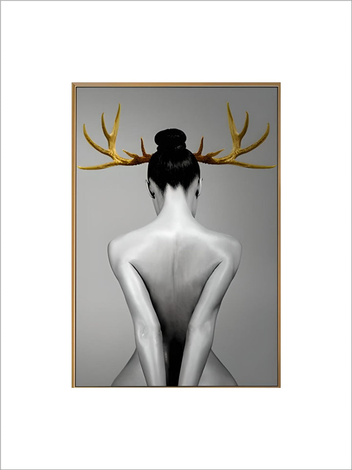 Black White Golden Antlered Girl Poster Wall Art Fine Art Canvas Prints Nordic Picture For Living Room Bedroom Studio Home Office Decor