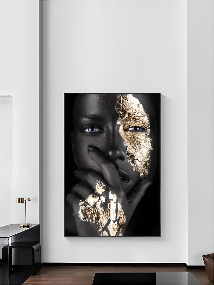 Black Golden African Woman Poster Wall Art Fine Art Canvas Print Portrait Picture For Modern Apartment Living Room Interior Design