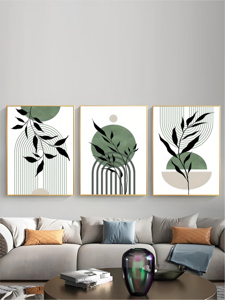 Set of 3Pcs Earth Green Minimalist Geometric Line Art Leaf Canvas Print Wall Art Pictures For Modern Living Room Decor