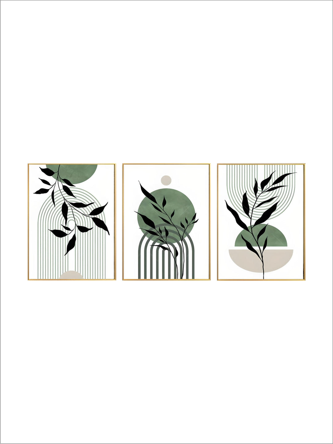 Set of 3Pcs Earth Green Minimalist Geometric Line Art Leaf Canvas Print Wall Art Pictures For Modern Living Room Decor