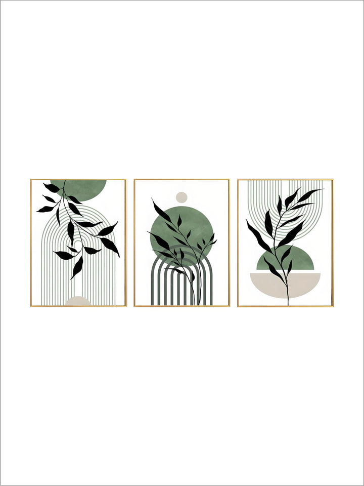 Set of 3Pcs Earth Green Minimalist Geometric Line Art Leaf Canvas Print Wall Art Pictures For Modern Living Room Decor