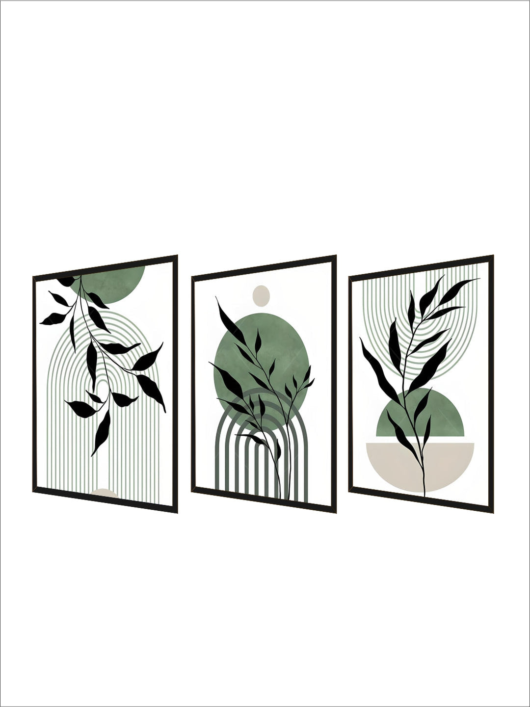 Set of 3Pcs Earth Green Minimalist Geometric Line Art Leaf Canvas Print Wall Art Pictures For Modern Living Room Decor