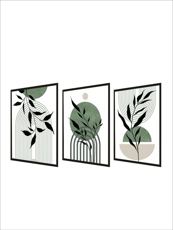 Set of 3Pcs Earth Green Minimalist Geometric Line Art Leaf Canvas Print Wall Art Pictures For Modern Living Room Decor