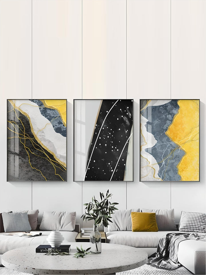Modern Abstract Shades Of Grey Blue Yellow Wall Art Fine Art Canvas Prints Pictures For Modern Apartment Living Room Light Luxury Home Decor