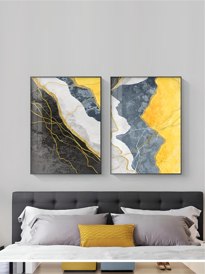 Modern Abstract Shades Of Grey Blue Yellow Wall Art Fine Art Canvas Prints Pictures For Modern Apartment Living Room Light Luxury Home Decor