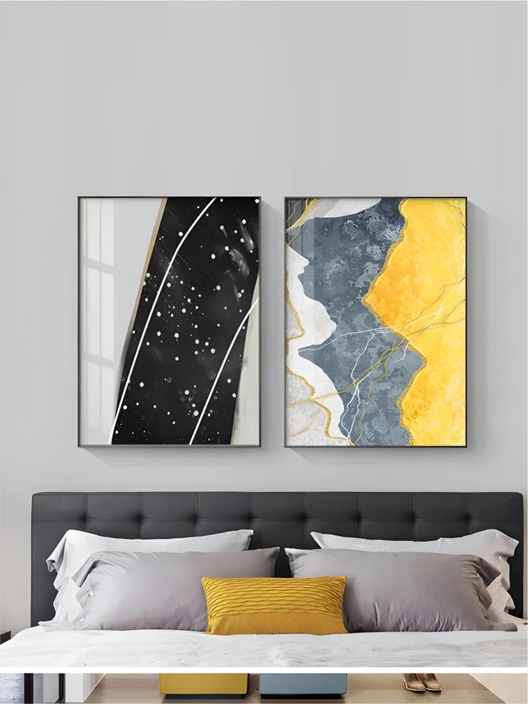 Modern Abstract Shades Of Grey Blue Yellow Wall Art Fine Art Canvas Prints Pictures For Modern Apartment Living Room Light Luxury Home Decor
