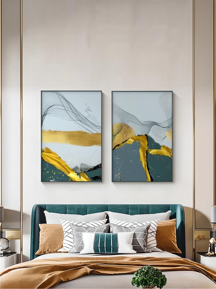 Blue Golden Minimalist Wall Art Fine Art Canvas Prints Scandinavian Abstract Pictures For Modern Apartment Living Room Home Office Decor
