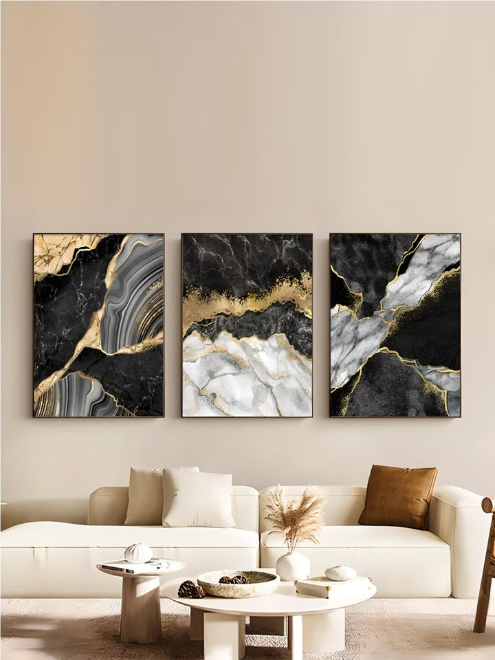 Modern Abstract Black Gray Golden Geode Marble Print Wall Art Fine Art Canvas Prints Pictures For Luxury Apartment Living Room Home Office Decor