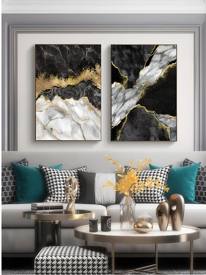 Modern Abstract Black Gray Golden Geode Marble Print Wall Art Fine Art Canvas Prints Pictures For Luxury Apartment Living Room Home Office Decor