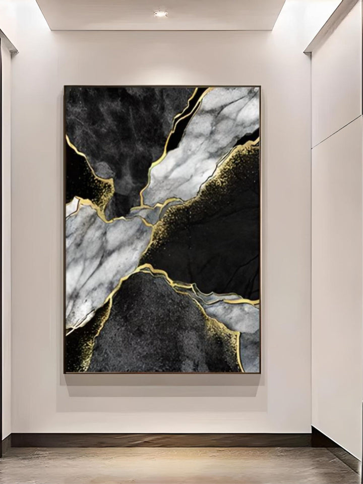 Modern Abstract Black Gray Golden Geode Marble Print Wall Art Fine Art Canvas Prints Pictures For Luxury Apartment Living Room Home Office Decor