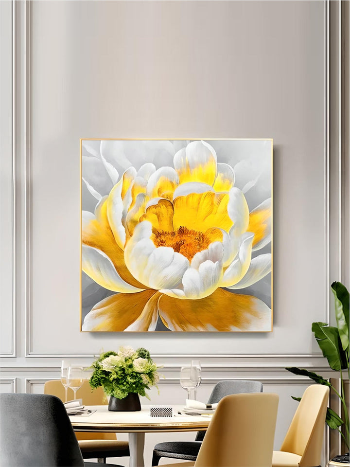 Modern Abstract Floral Wall Art Fine Art Canvas Prints Square Format White Golden Flower Pictures For Living Room Bedroom Art Decor