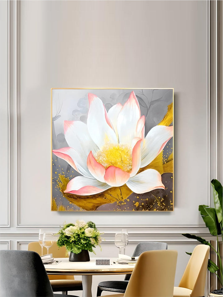 Modern Abstract Floral Wall Art Fine Art Canvas Prints Square Format White Golden Flower Pictures For Living Room Bedroom Art Decor