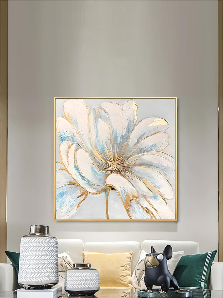 Modern Abstract Floral Wall Art Fine Art Canvas Prints Square Format White Golden Flower Pictures For Living Room Bedroom Art Decor