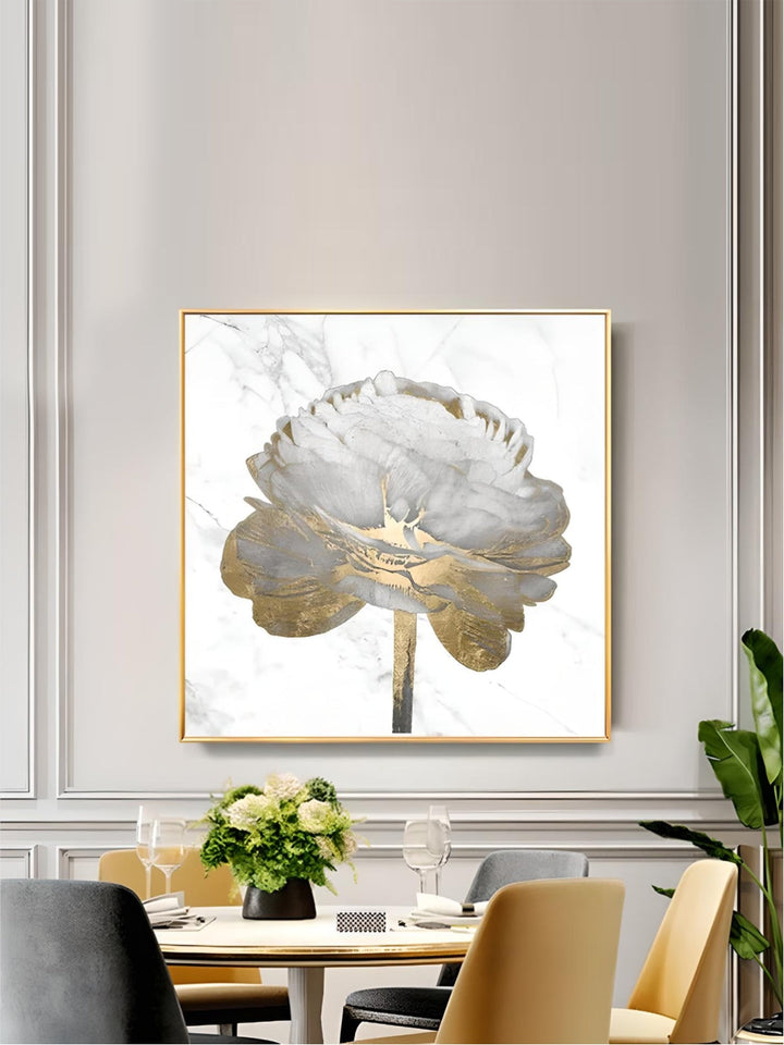 Modern Abstract Floral Wall Art Fine Art Canvas Prints Square Format White Golden Flower Pictures For Living Room Bedroom Art Decor