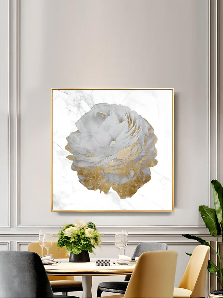 Modern Abstract Floral Wall Art Fine Art Canvas Prints Square Format White Golden Flower Pictures For Living Room Bedroom Art Decor
