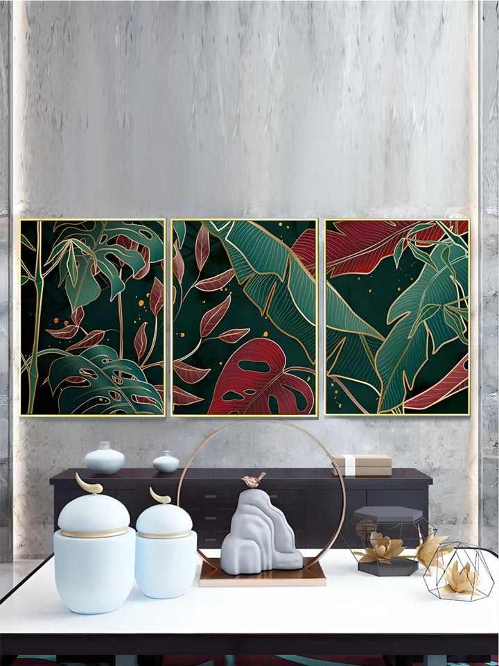 Modern Abstract Tropical Botany Wall Art Fine Art Canvas Prints Red Green Palm Leaves Posters Pictures For Living Room Hotel Room Decor
