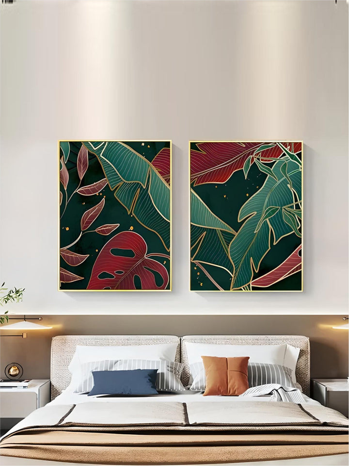 Modern Abstract Tropical Botany Wall Art Fine Art Canvas Prints Red Green Palm Leaves Posters Pictures For Living Room Hotel Room Decor