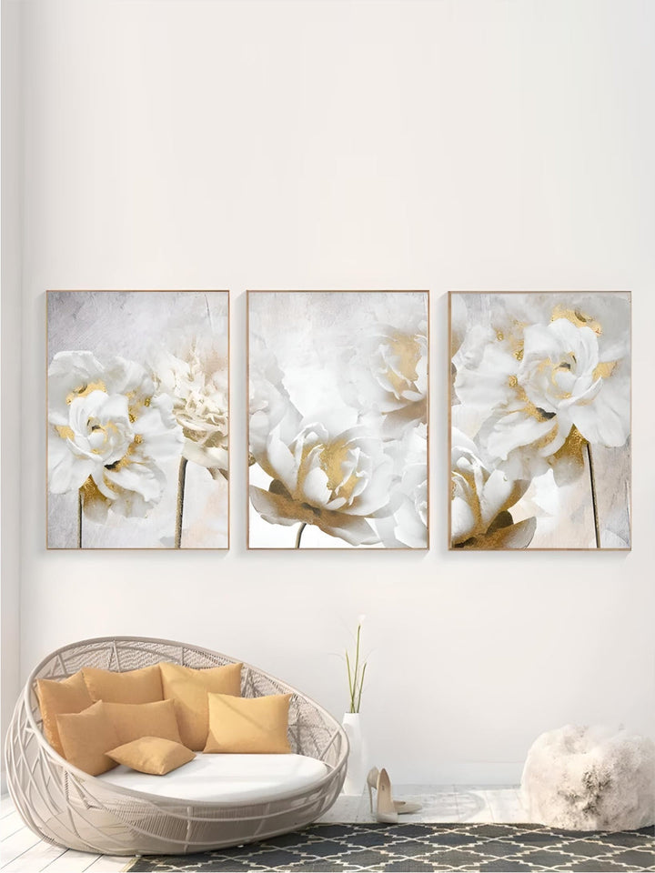 Opulent Blossoms Elegant White Flowers with Gold Accents Canvas Wall Art Fine Art Canvas Prints Posters Floral Pictures For Modern Living Room