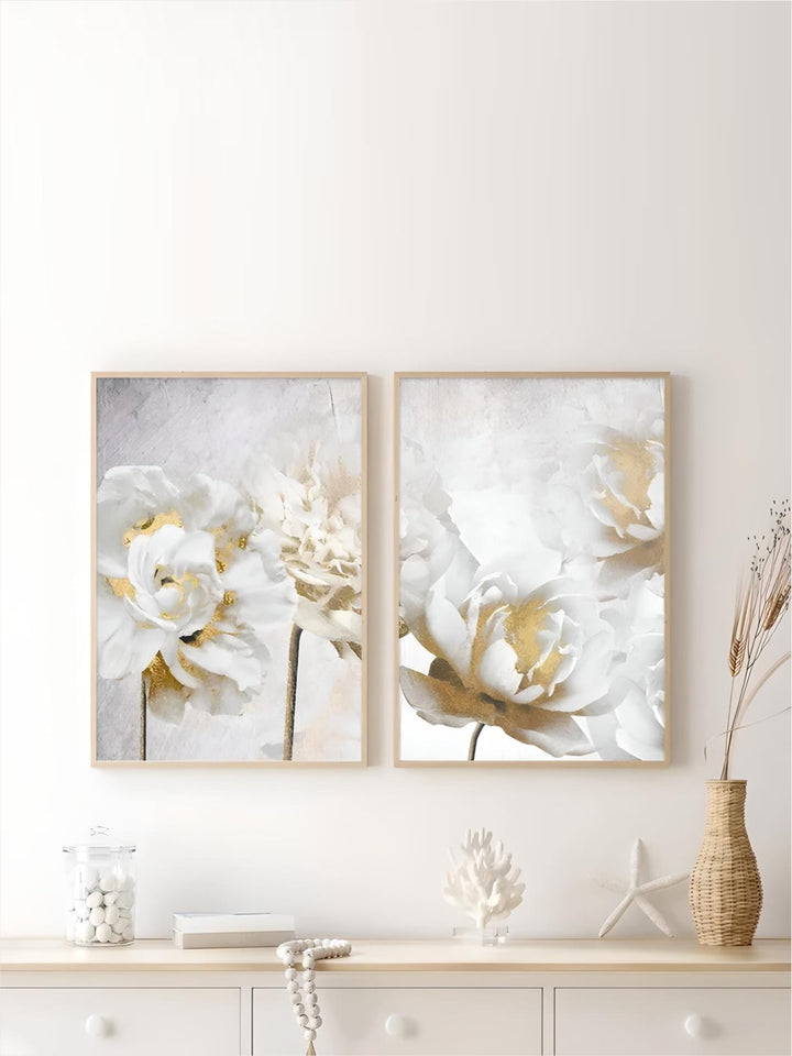 Opulent Blossoms Elegant White Flowers with Gold Accents Canvas Wall Art Fine Art Canvas Prints Posters Floral Pictures For Modern Living Room