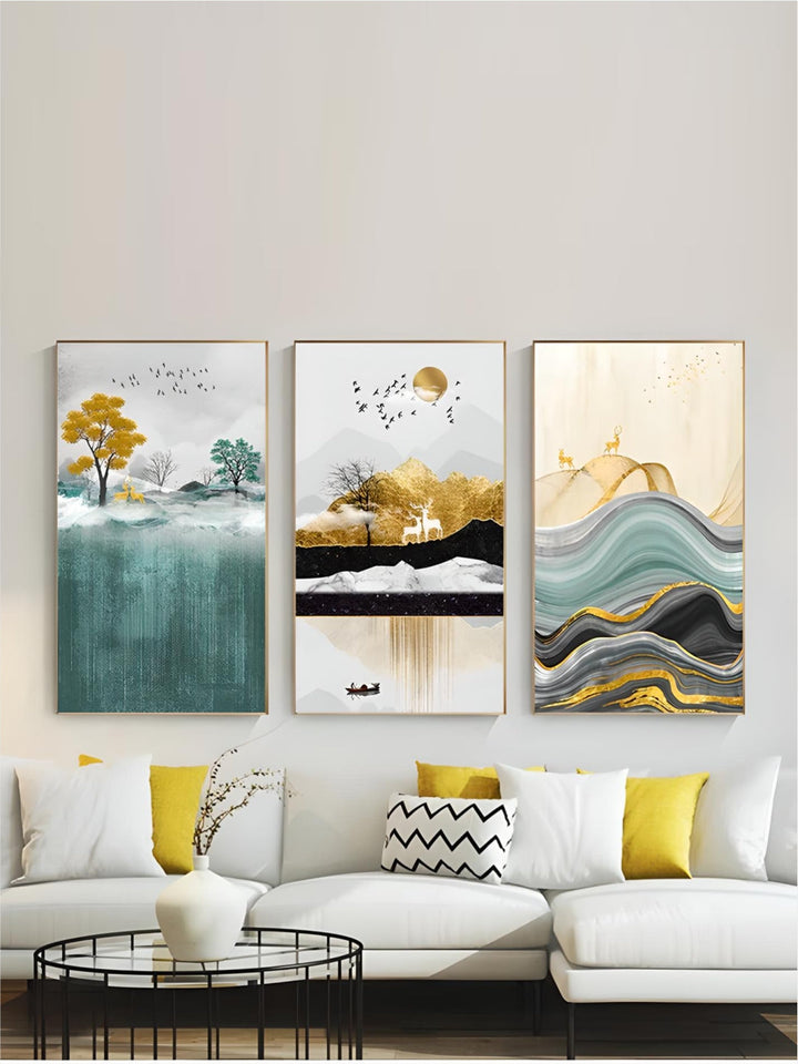 Auspicious Golden Deer Mountain Landscape Abstract Nordic Wall Art Fine Art Canvas Prints Modern Pictures For Living Room Contemporary Office Home Interior