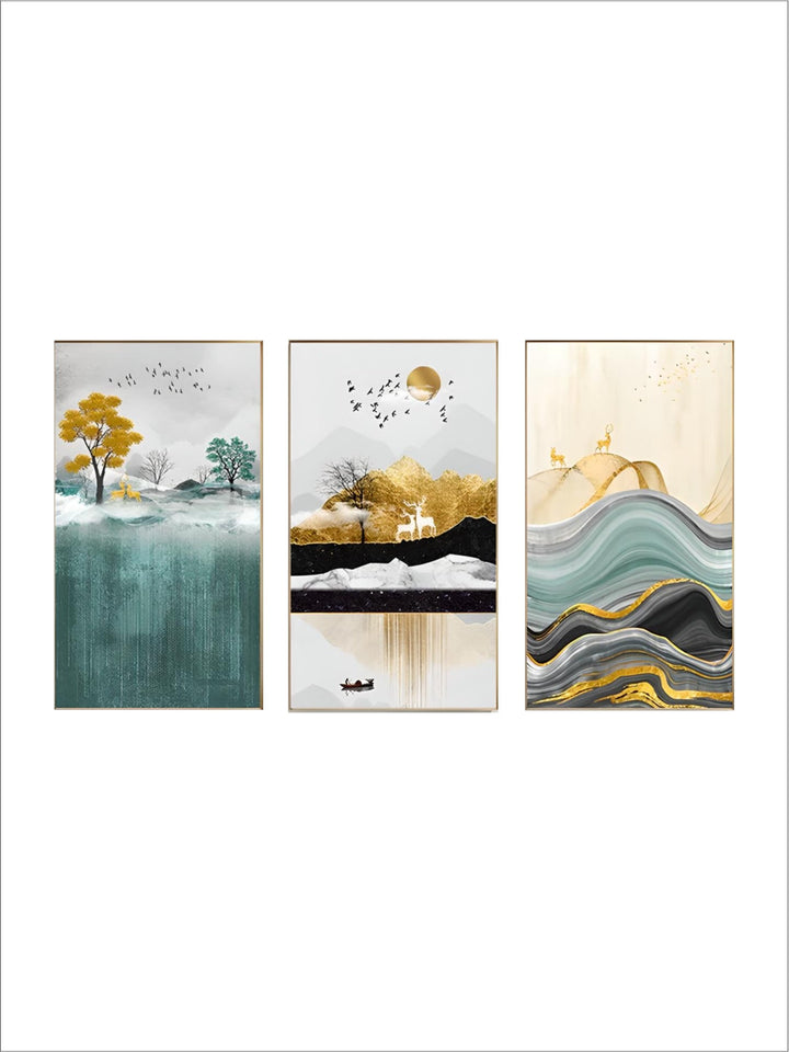 Auspicious Golden Deer Mountain Landscape Abstract Nordic Wall Art Fine Art Canvas Prints Modern Pictures For Living Room Contemporary Office Home Interior