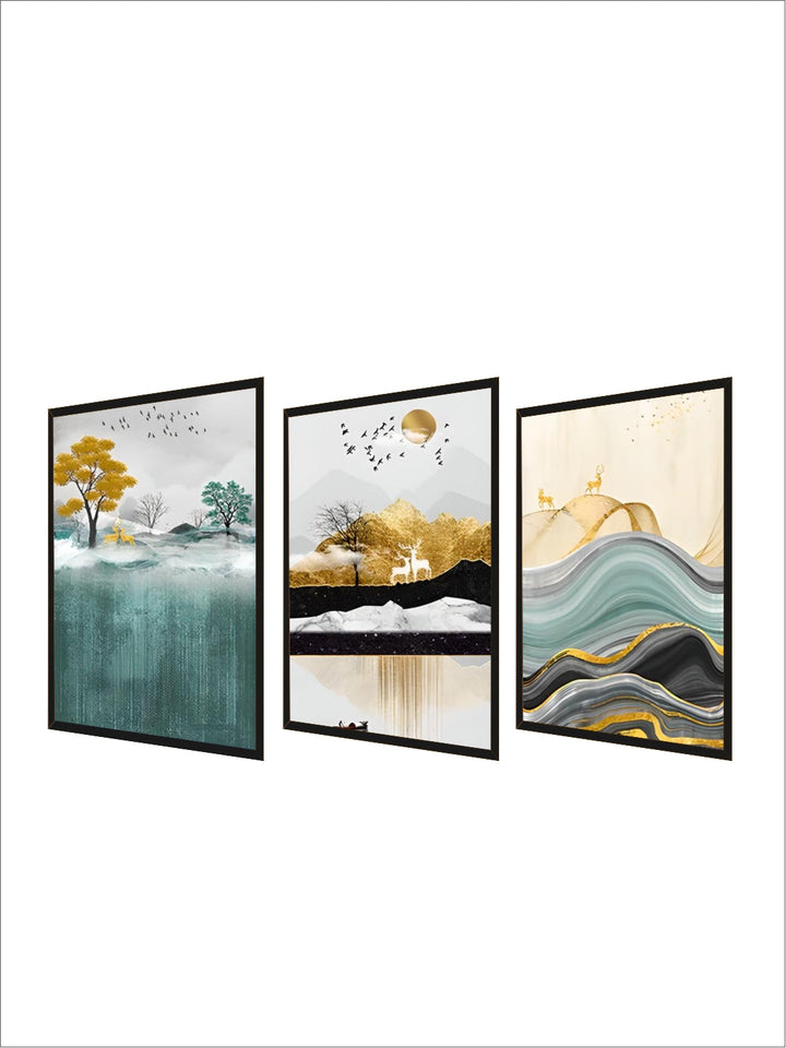 Auspicious Golden Deer Mountain Landscape Abstract Nordic Wall Art Fine Art Canvas Prints Modern Pictures For Living Room Contemporary Office Home Interior