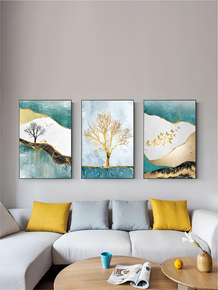 Golden Tree Butterflies And Deer Abstract Landscape Wall Art Fine Art Canvas Prints Pictures For Living Room Dining Room Luxury Interiors Wall Art Decor