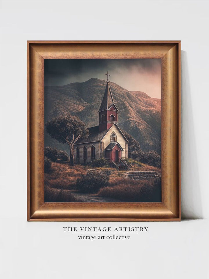 The Vintage Artistry Brown & Green Simple Church Canvas & Printed Framed Wall Painting