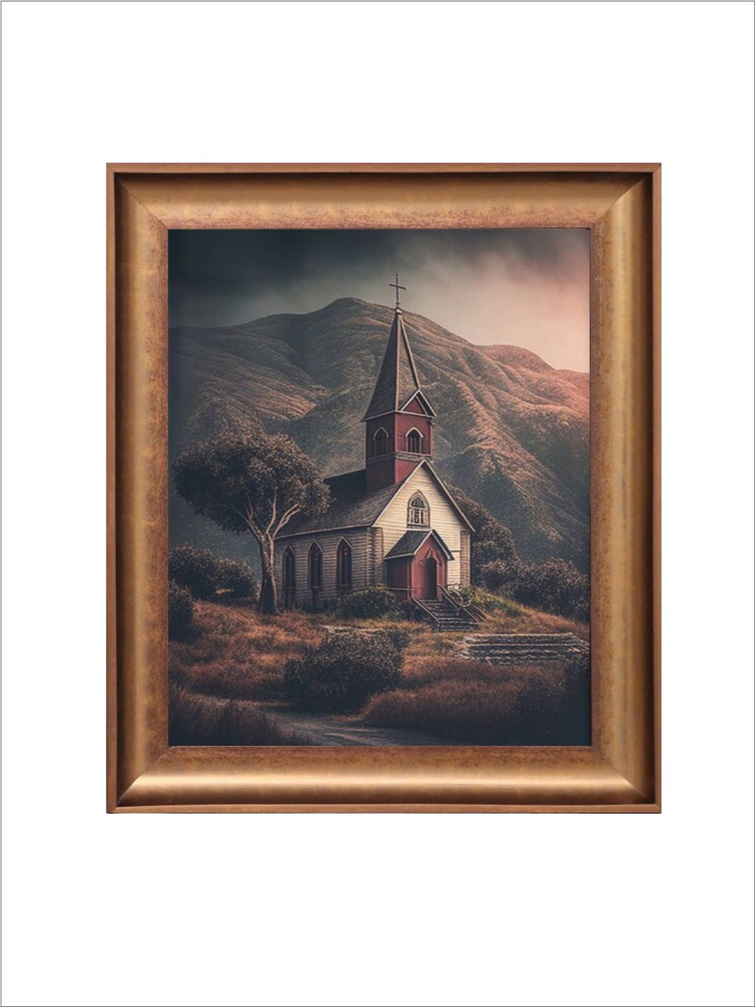 The Vintage Artistry Brown & Green Simple Church Canvas & Printed Framed Wall Painting