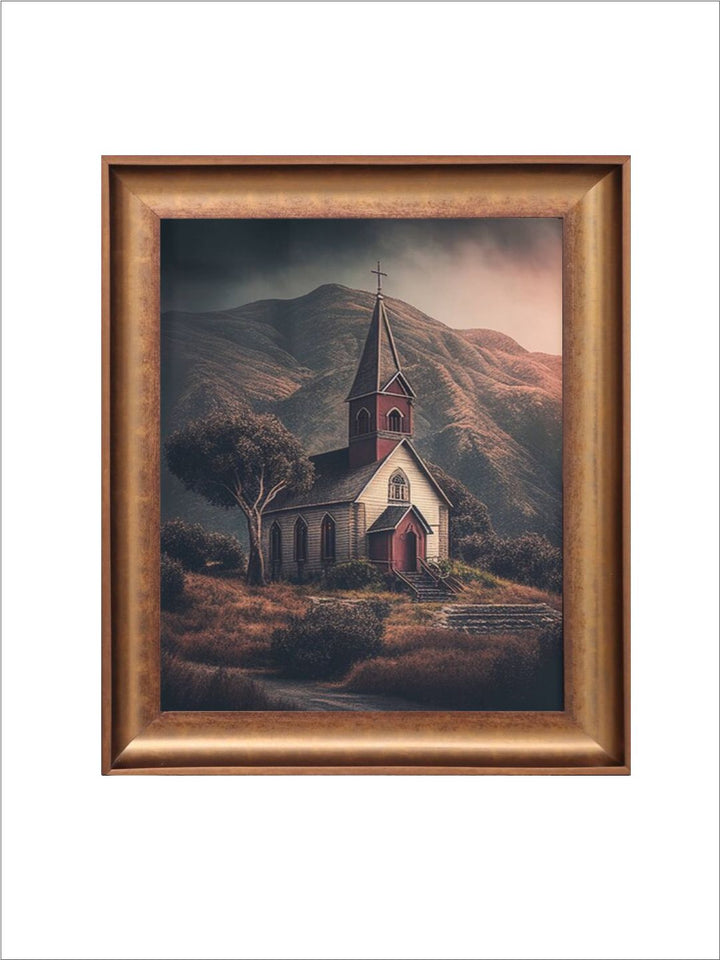 The Vintage Artistry Brown & Green Simple Church Canvas & Printed Framed Wall Painting