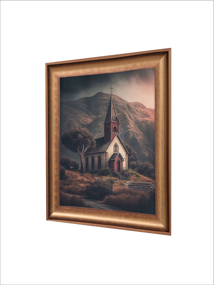 The Vintage Artistry Brown & Green Simple Church Canvas & Printed Framed Wall Painting