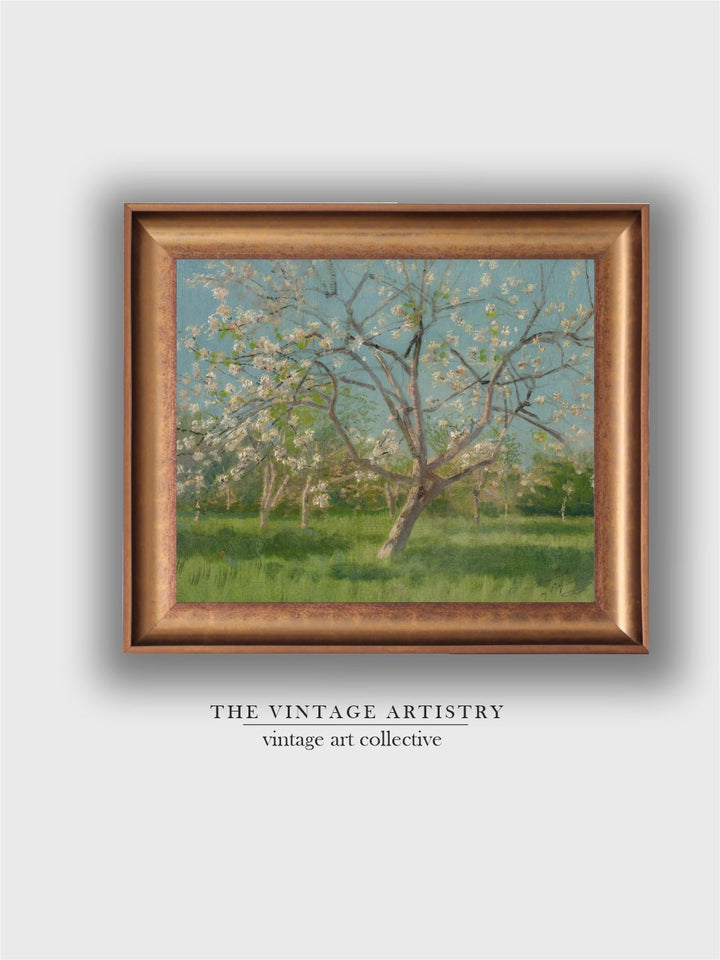 The Vintage Artistry Green & Blue Antique Peach Tree Blossoms Painting Wall Art