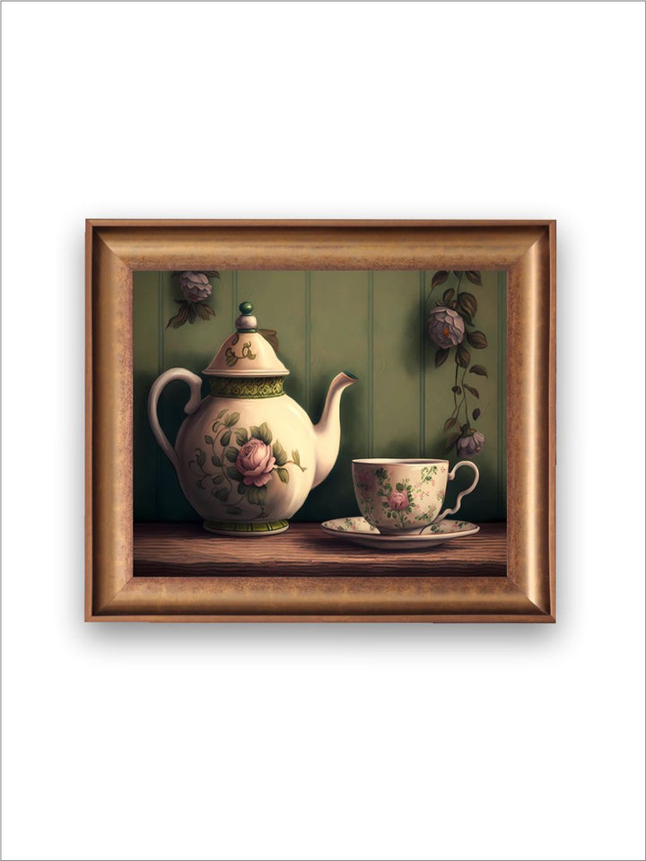The Vintage Artistry Green & Beige Still Life With Breakfast Setting Painting Wall Art