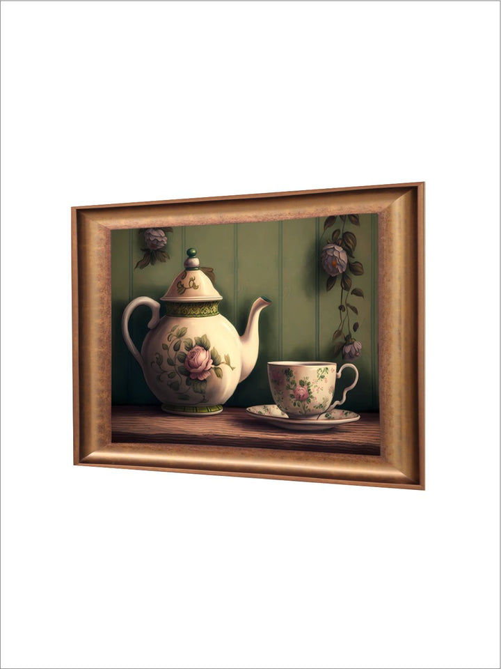 The Vintage Artistry Green & Beige Still Life With Breakfast Setting Painting Wall Art