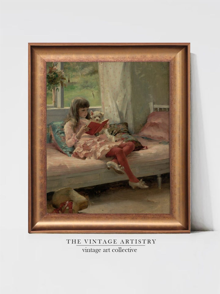 The Vintage Artistry Green & Pink Girl Reading Painting Wall Art