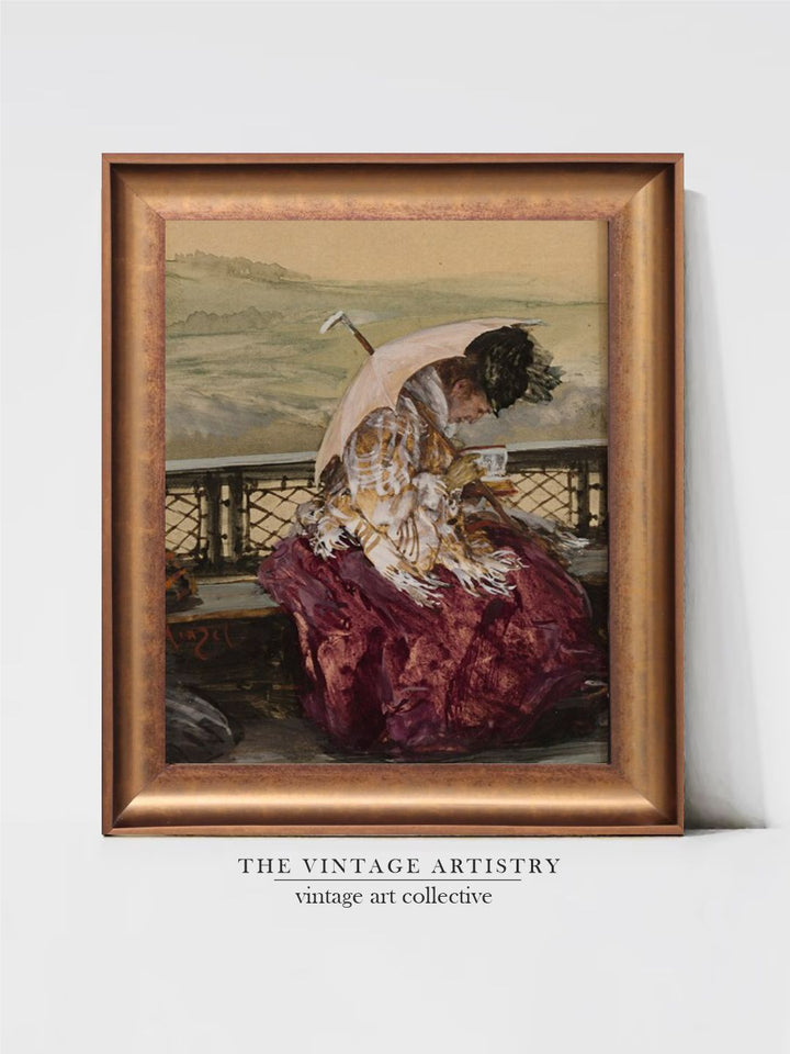 The Vintage Artistry Brown Antique Portrait Seated Woman Reading Book Painting Wall Art