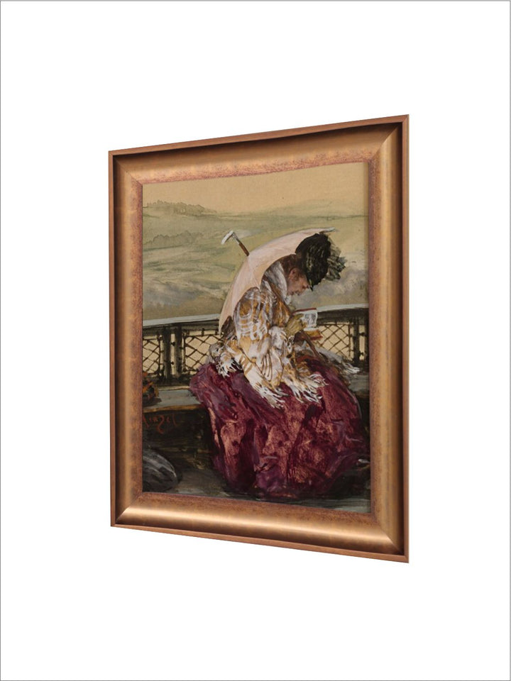 The Vintage Artistry Brown Antique Portrait Seated Woman Reading Book Painting Wall Art