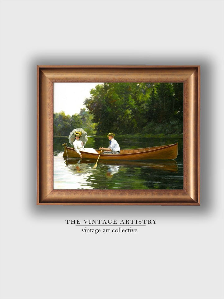 The Vintage Artistry Green Antique Portrait Couple Rowing Boat Painting Wall Art