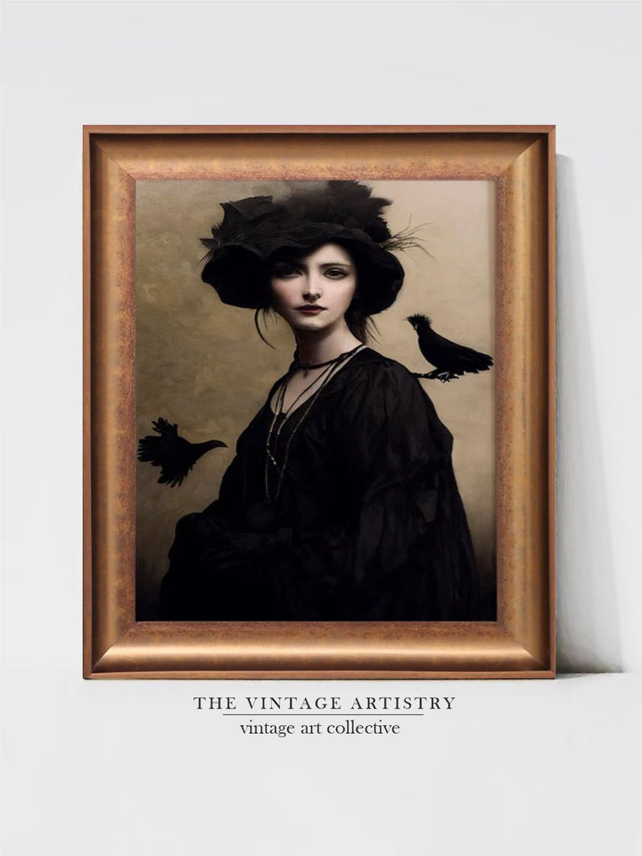 The Vintage Artistry Black Victorian Witch Portrait With Birds Painting Wall Art