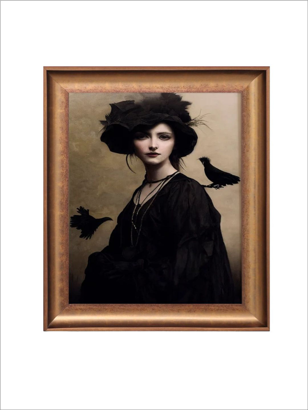 The Vintage Artistry Black Victorian Witch Portrait With Birds Painting Wall Art