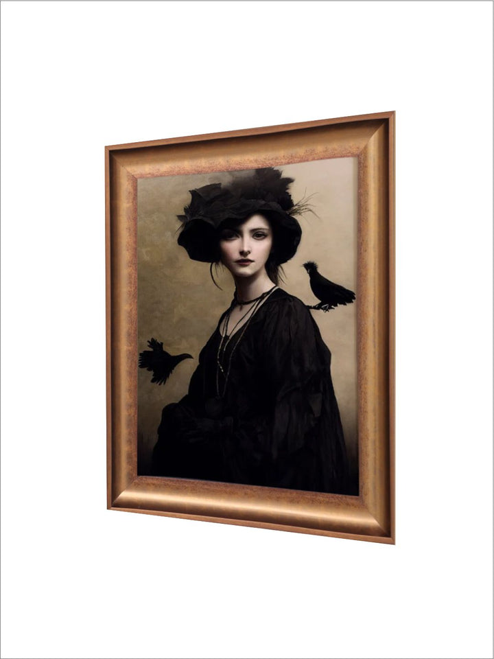 The Vintage Artistry Black Victorian Witch Portrait With Birds Painting Wall Art